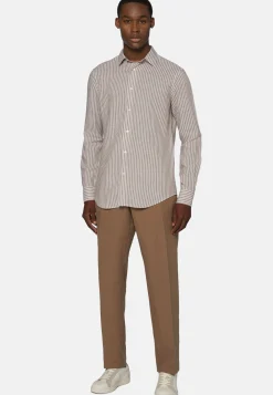 Camicia A Righe Marroni In Tencel Lino Regular Fit