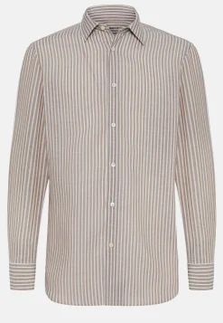Camicia A Righe Marroni In Tencel Lino Regular Fit