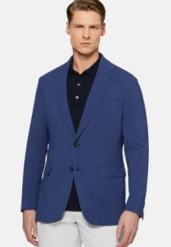 Giacca Blu In Lana Seersucker Elasticizzata