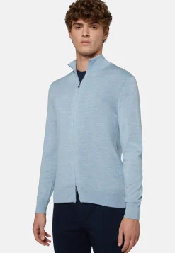 Maglia Full Zip Azzurro In Lana Merino