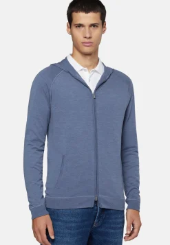 Maglia Full Zip Cappuccio Verde In Lana Merino