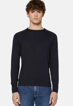 Maglia Girocollo Azzurra In Cotone Seta Cashmere